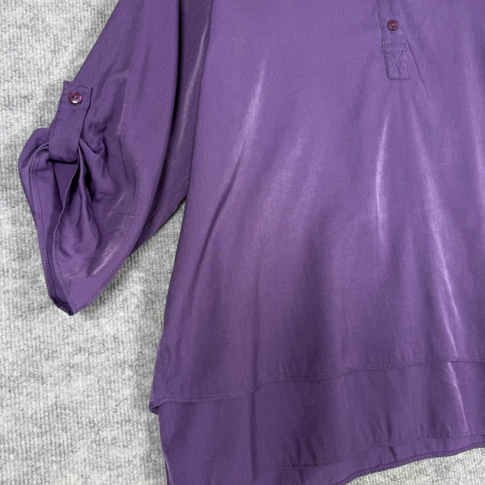 Chico's Size-3 (XL) Top Purple Henley Blouse Roll Tab Sleeve Layered Hem - Picture 10 of 10